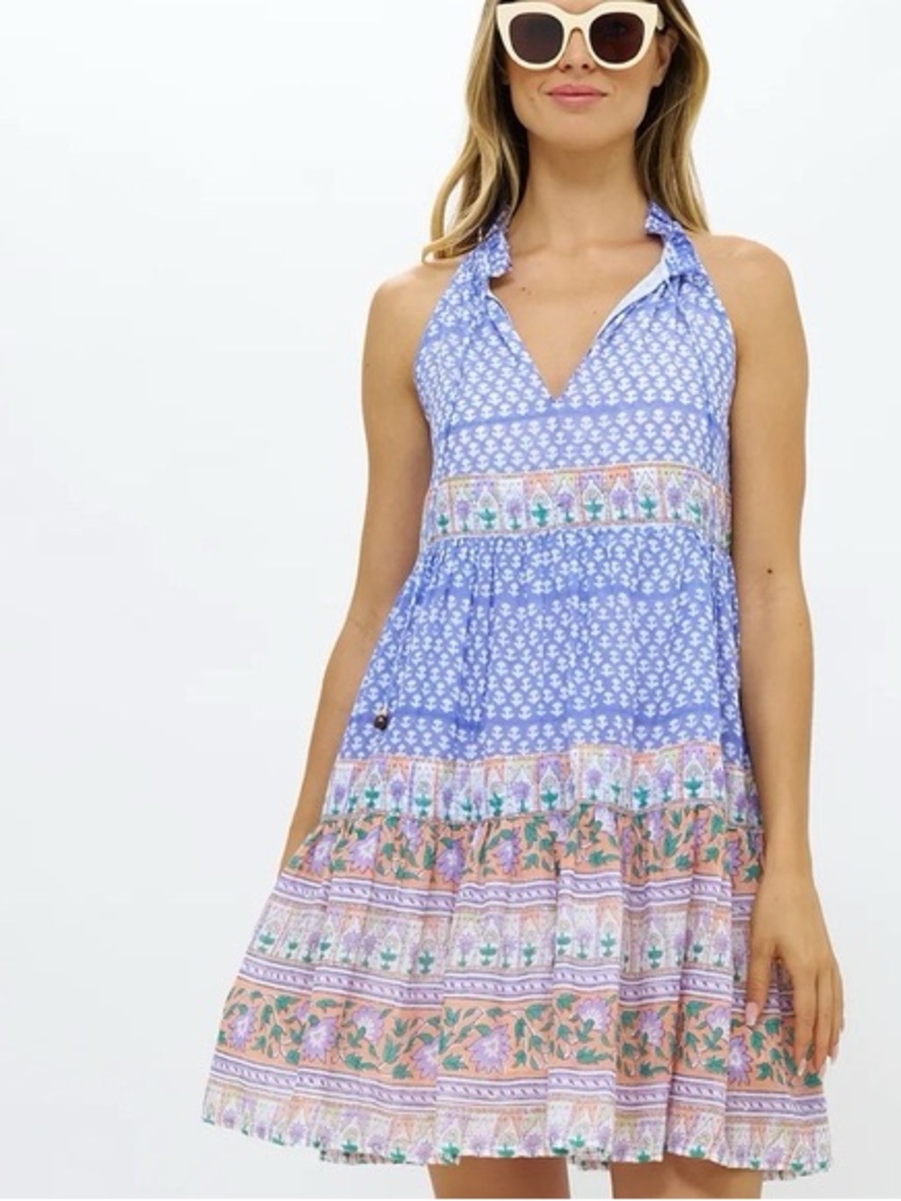 Oliphant Periwinkle Halter Tiered Mini Dress with Pastel Border Print